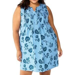 Sonoma Linen Blend Pin-tuck Blue Floral Print Sleeveless Dress Size 2X NWT
